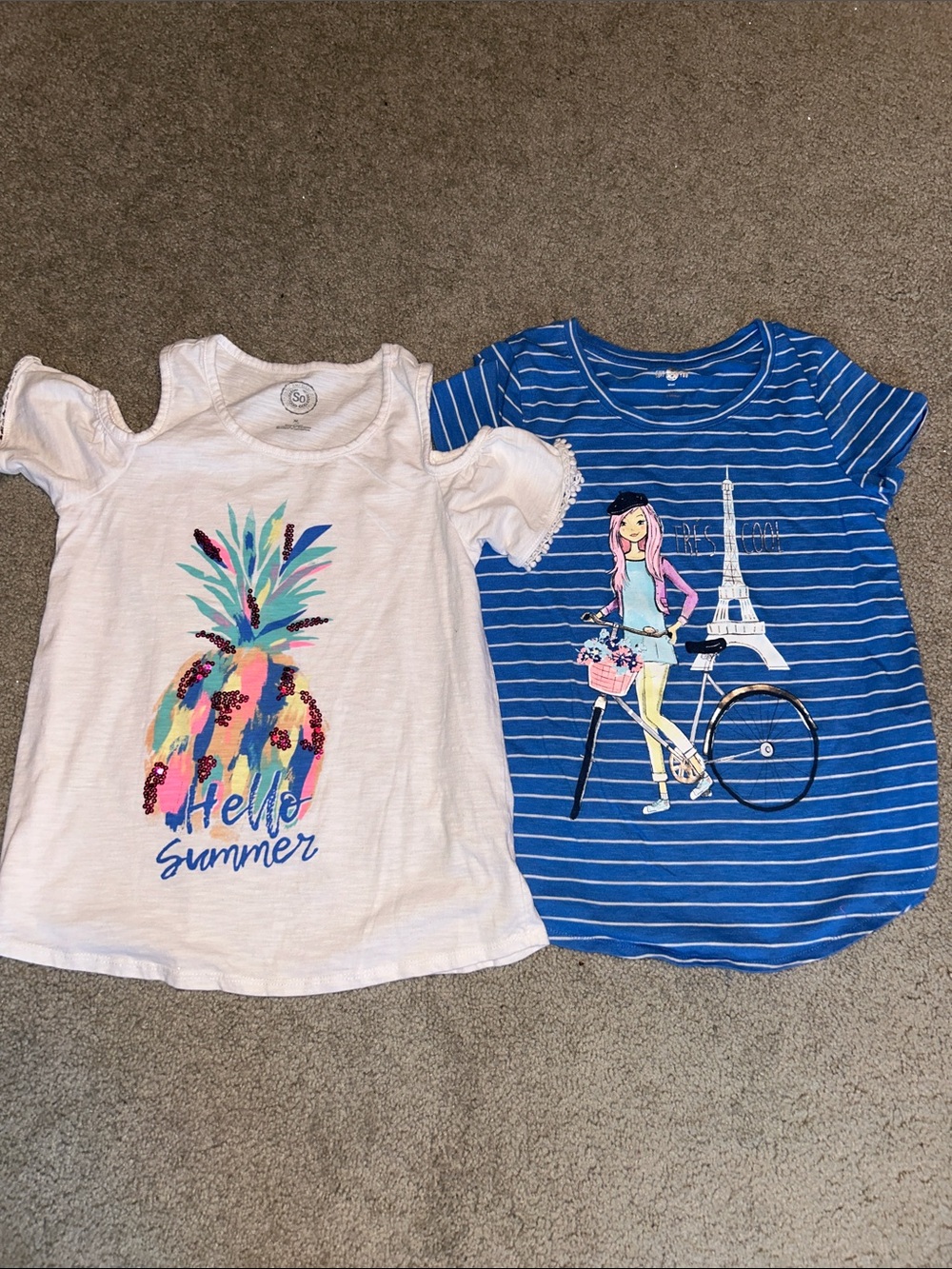 SO Girls White Pineapple Graphic Tee & Blue Striped Eiffel Bike Tee Set